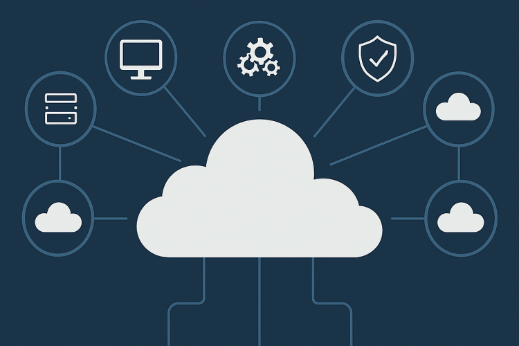 Business professionals in a conference room reviewing IT cloud integration plans