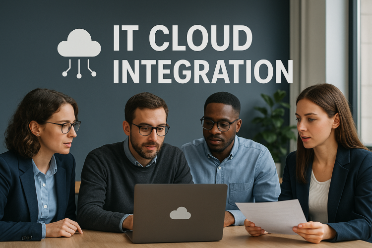 Diverse team celebrating IT cloud integration success