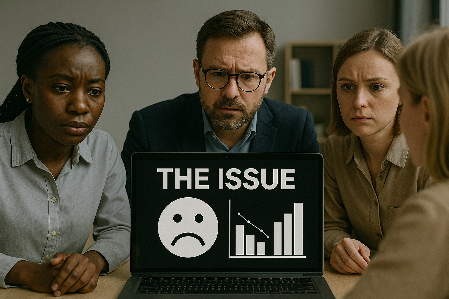 Concerned professionals examine system performance problems labeled “The Issue” on a laptop