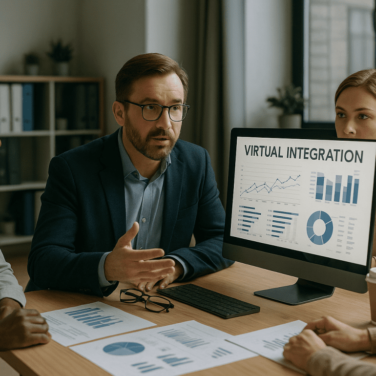 Professionals discuss virtual integration strategy at a modern office workstation