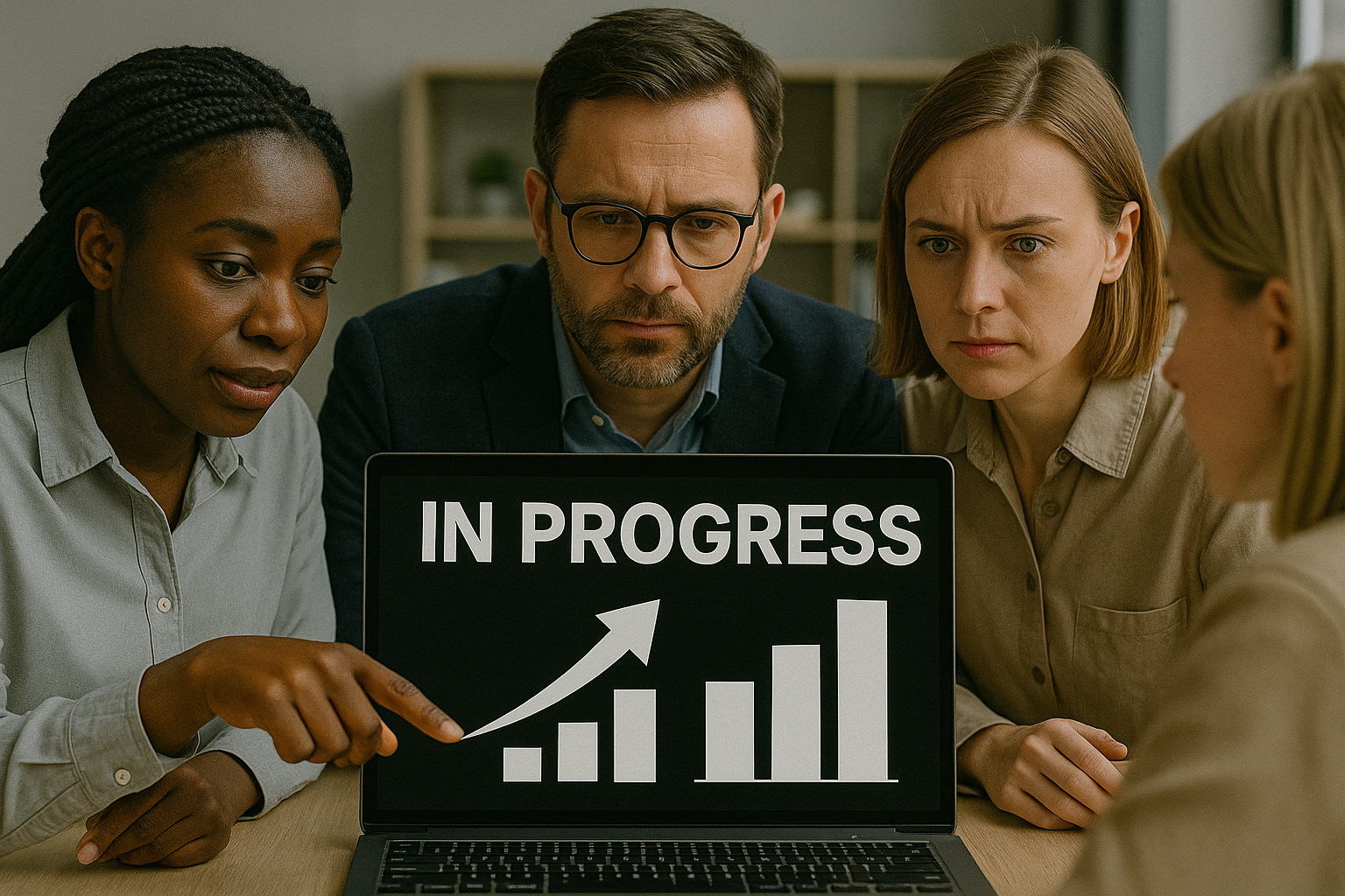 Professionals reviewing system progress screen marked “In Progress” with rising graphs