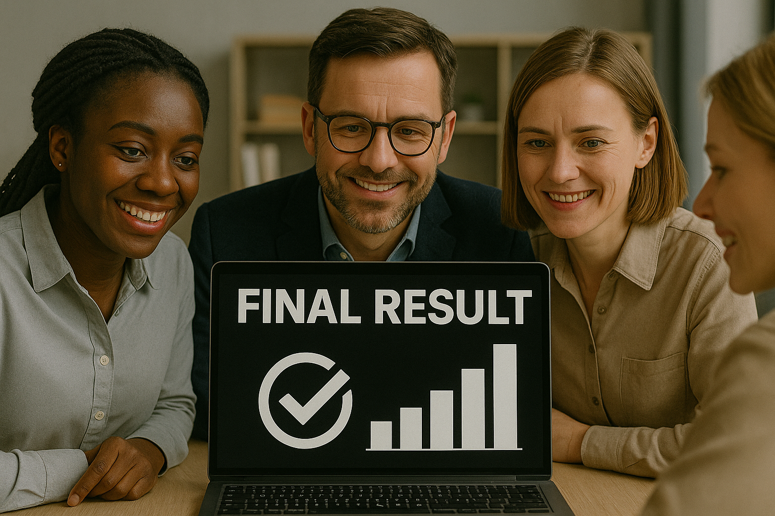 Smiling team celebrates virtual integration success with “Final Result” on laptop screen