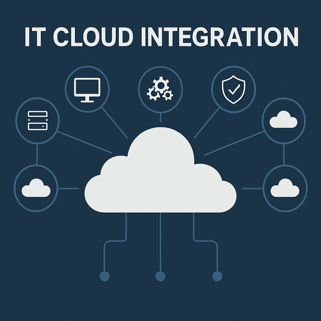 Business professionals in a conference room reviewing IT cloud integration plans