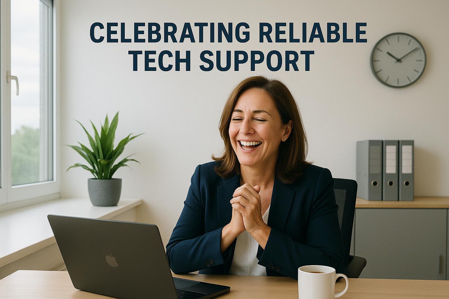 Smiling businesswoman in modern office enjoying successful IT assistance - Managed Service Provider