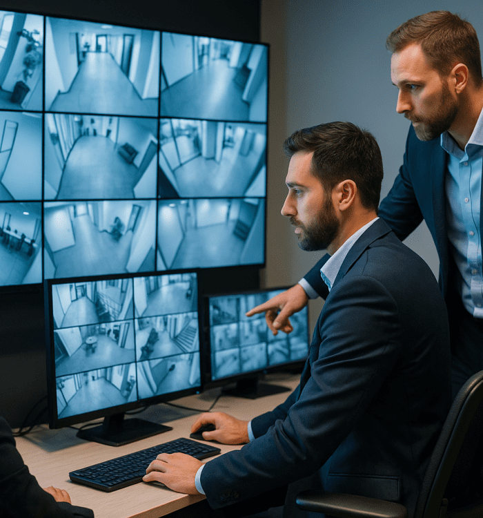 Professional team monitoring multiple security camera feeds - Video Security Surveillance