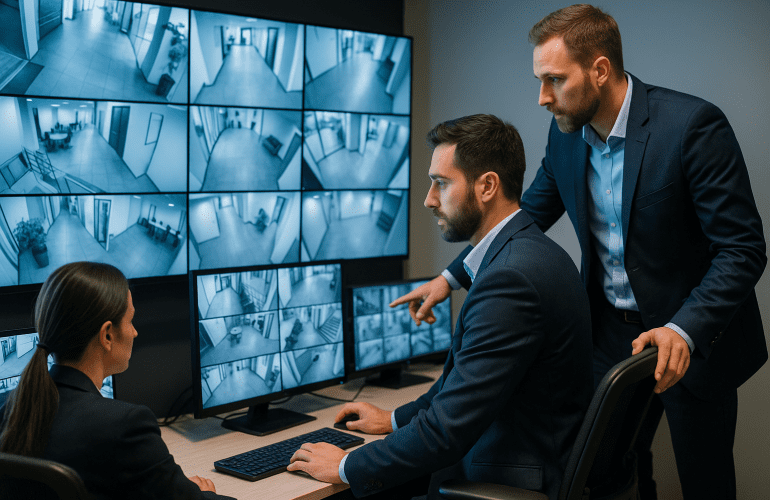 Professional team monitoring multiple security camera feeds - Video Security Surveillance