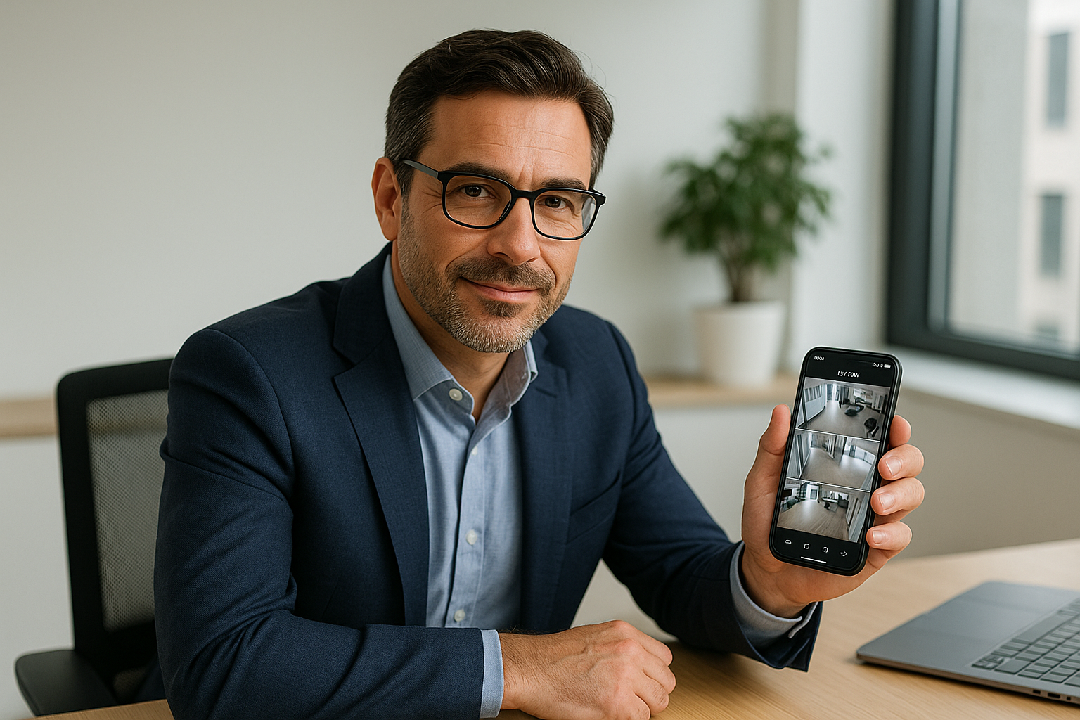 Business owner accessing real-time video security on mobile - Video Security Surveillance