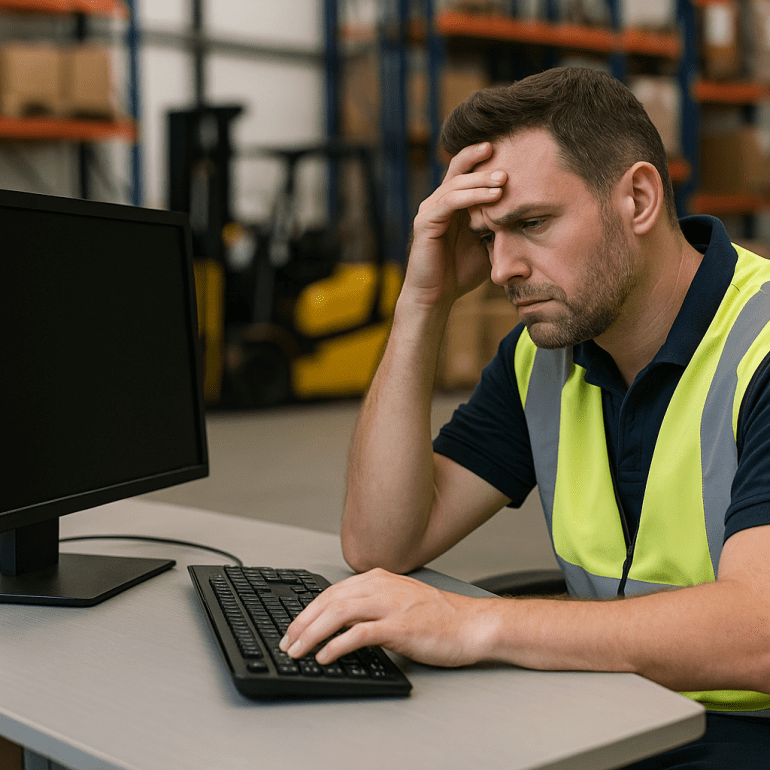 Logistics employee frustrated with non-responsive workstation