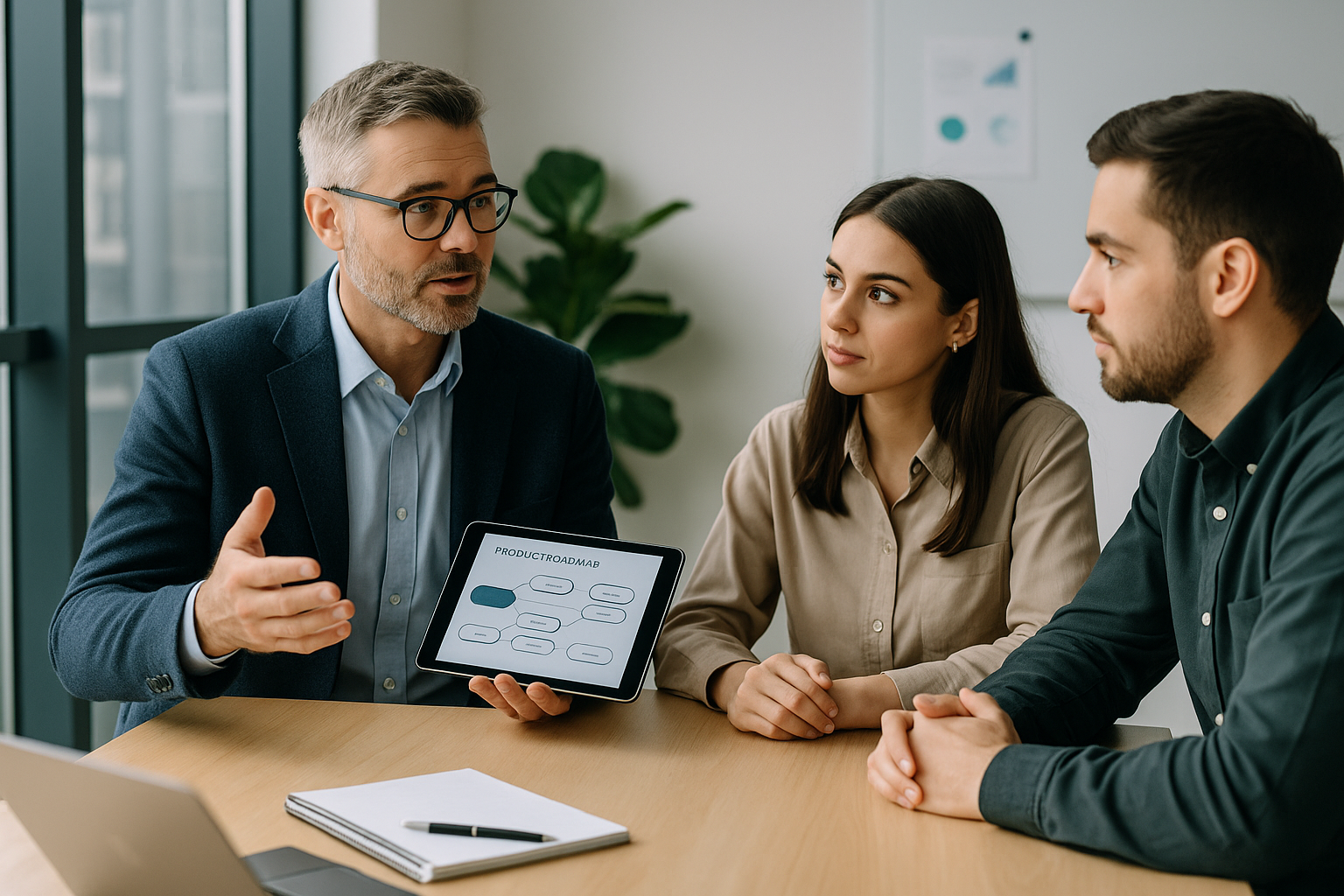 Business consultant reviewing a product roadmap with startup team