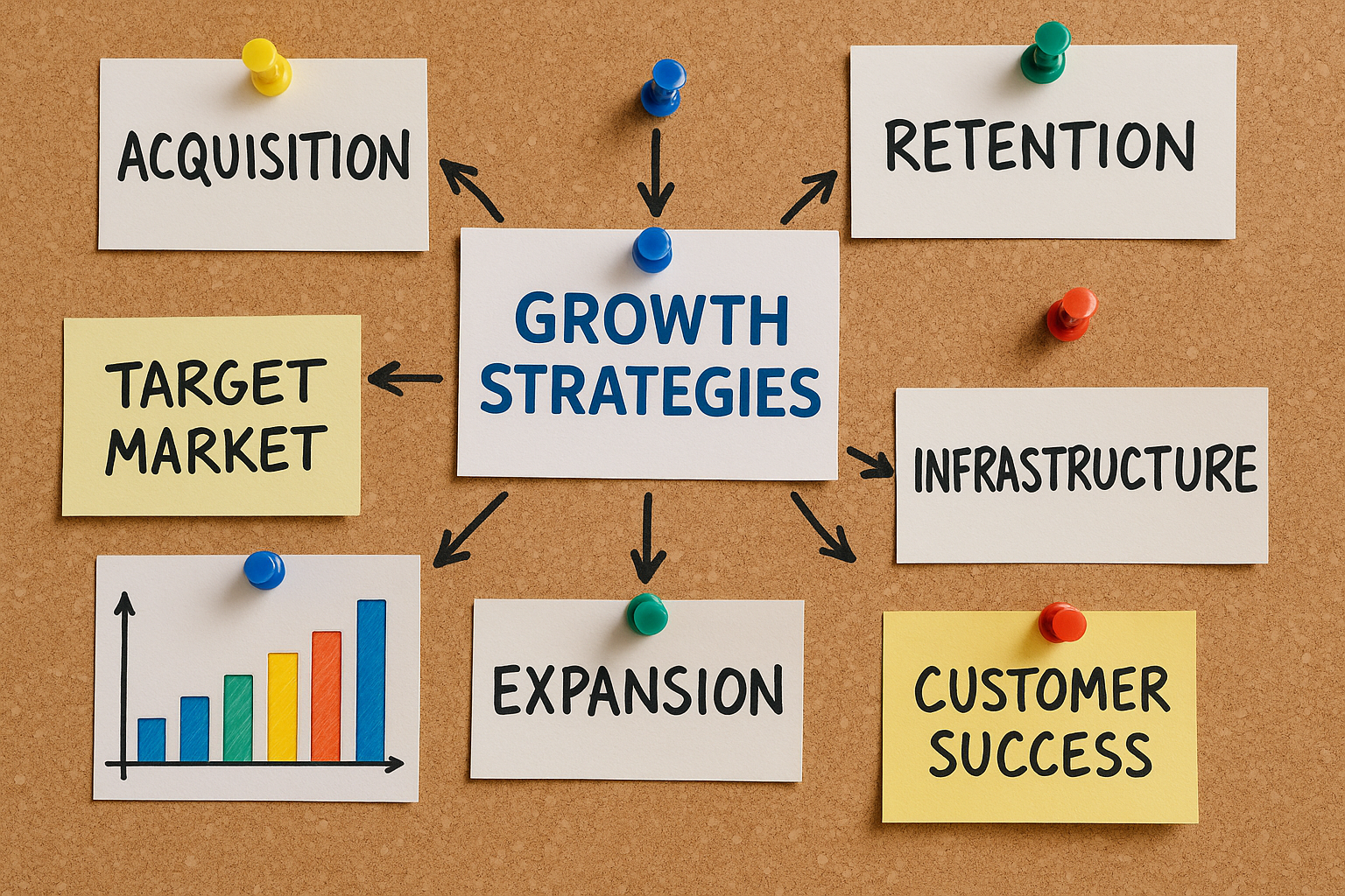 Growth strategies mind map on corkboard