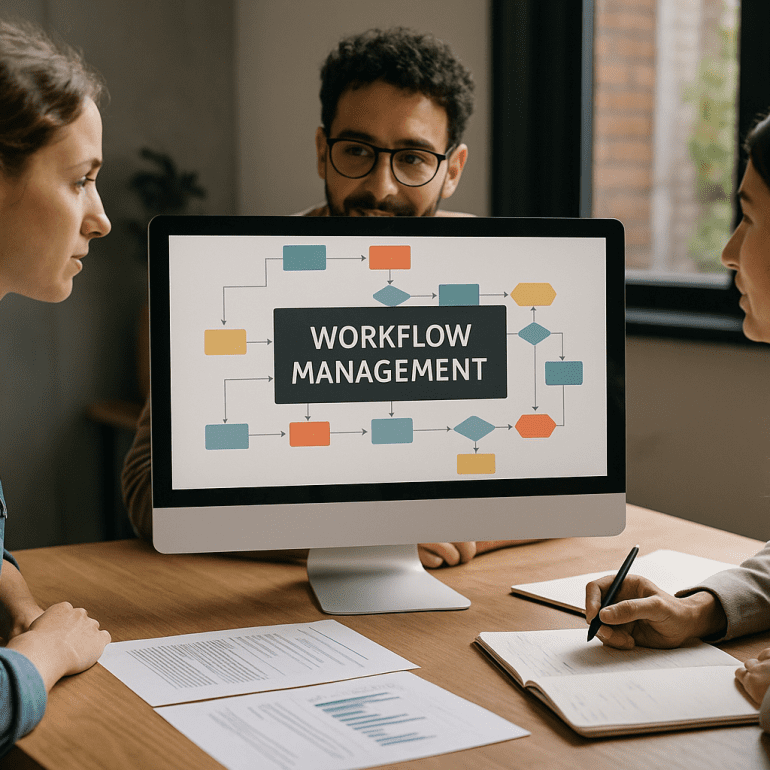 Workflow management team flowchart meeting