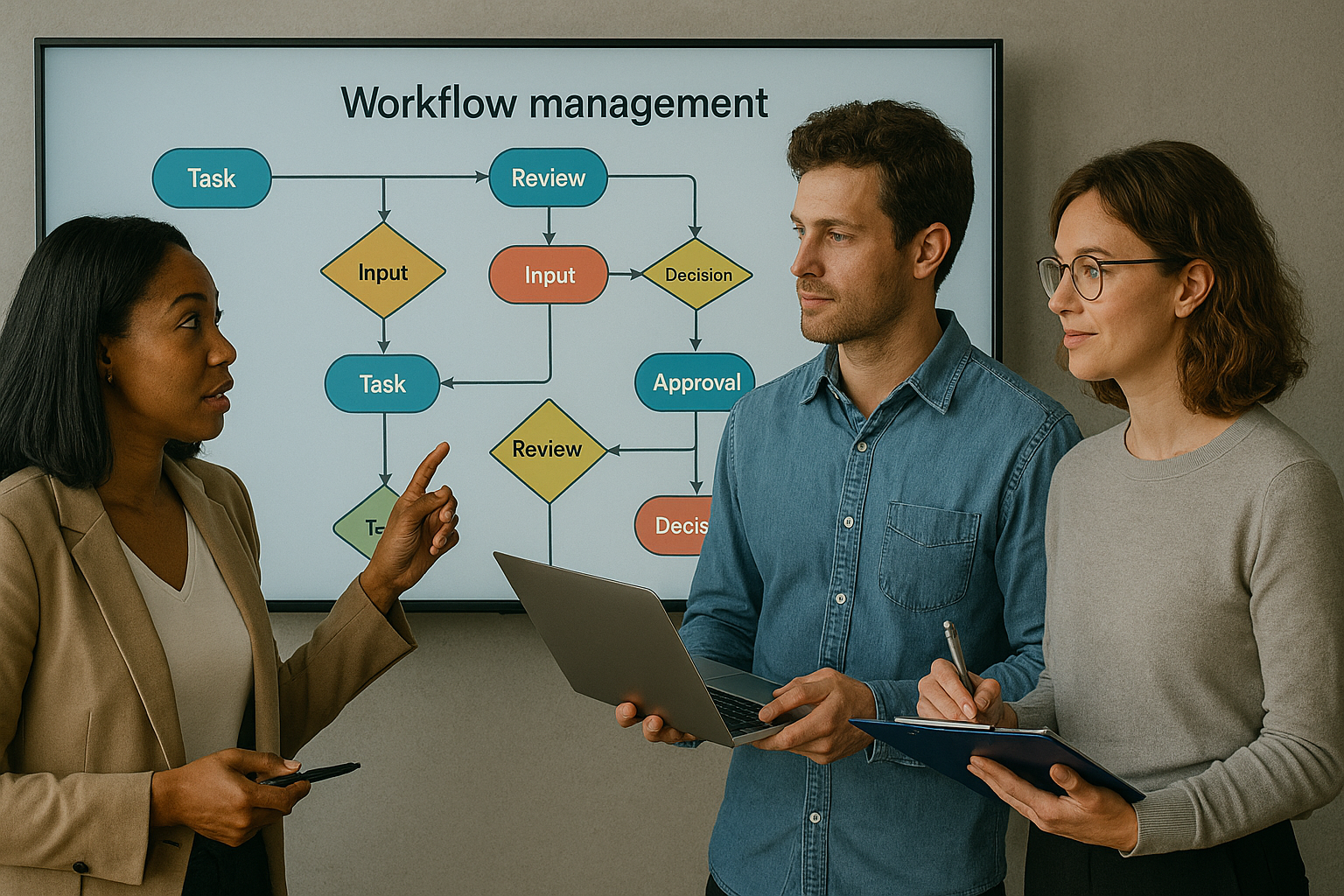 Workflow management team presenting flowchart steps