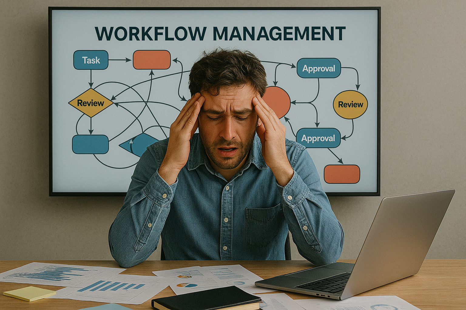 Workflow management chaos on screen behind frustrated employee