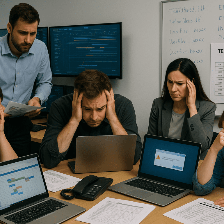 Stressed event team struggling with multiple screens and paper agendas