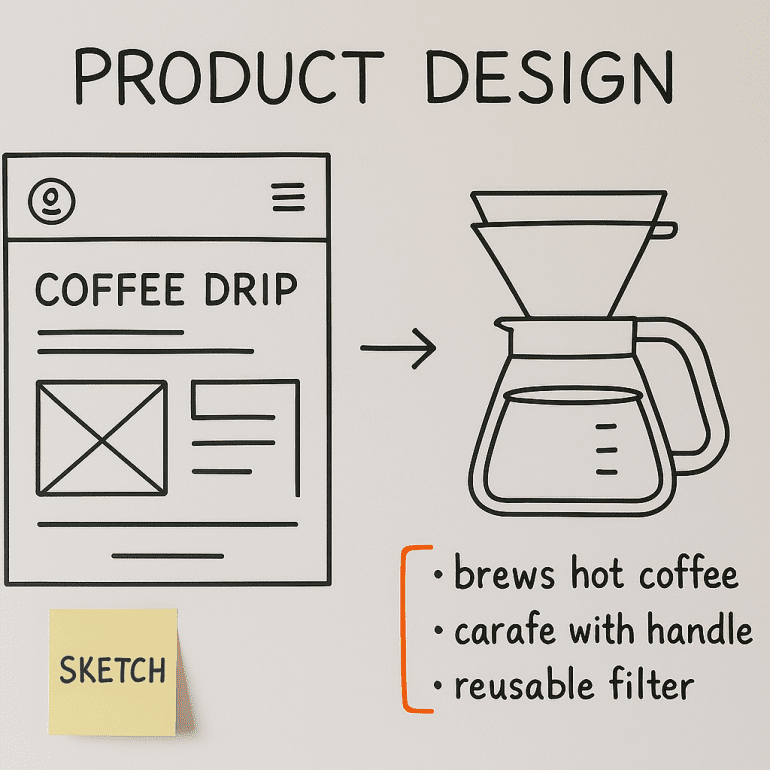 Early product brainstorming on a whiteboard with gaps in design - Product Design