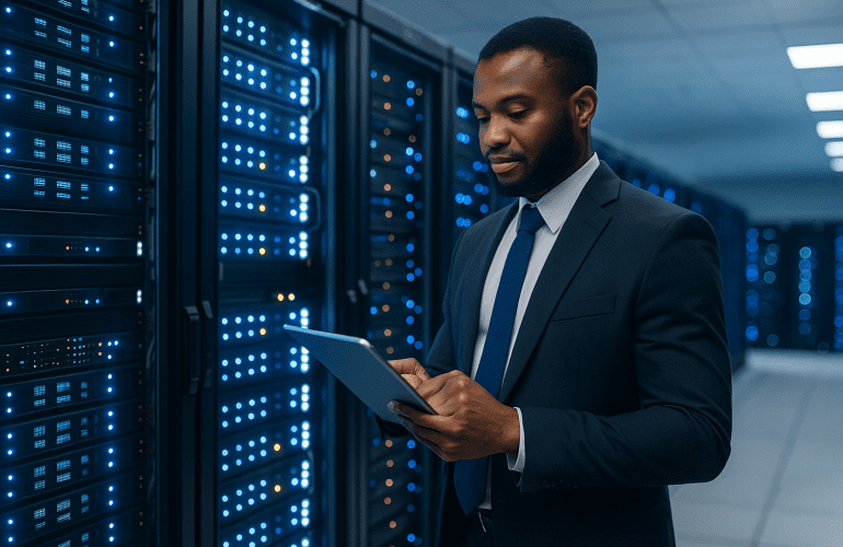 Professional IT expert reviewing office infrastructure plan