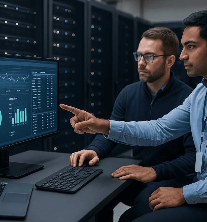 IT consultants working in a server room reviewing performance