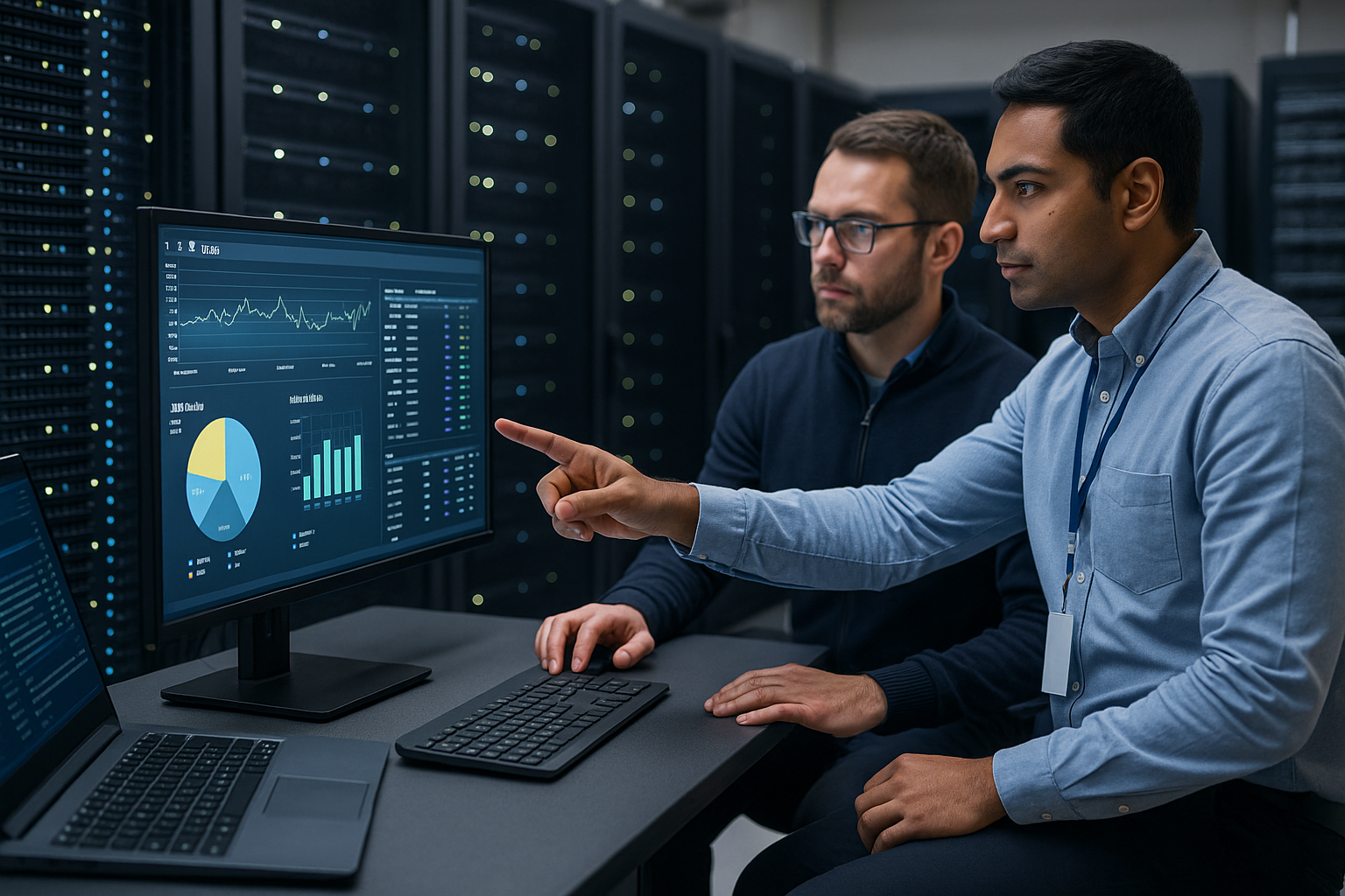 IT consultants working in a server room reviewing performance