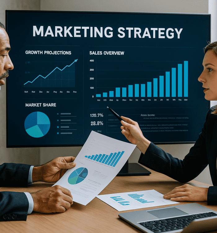 Business professionals reviewing strategic marketing plan