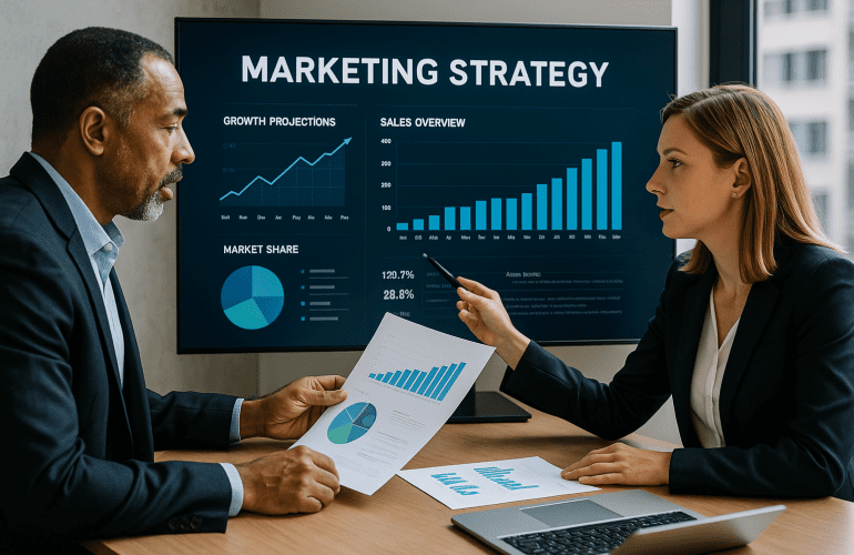 Business professionals reviewing strategic marketing plan