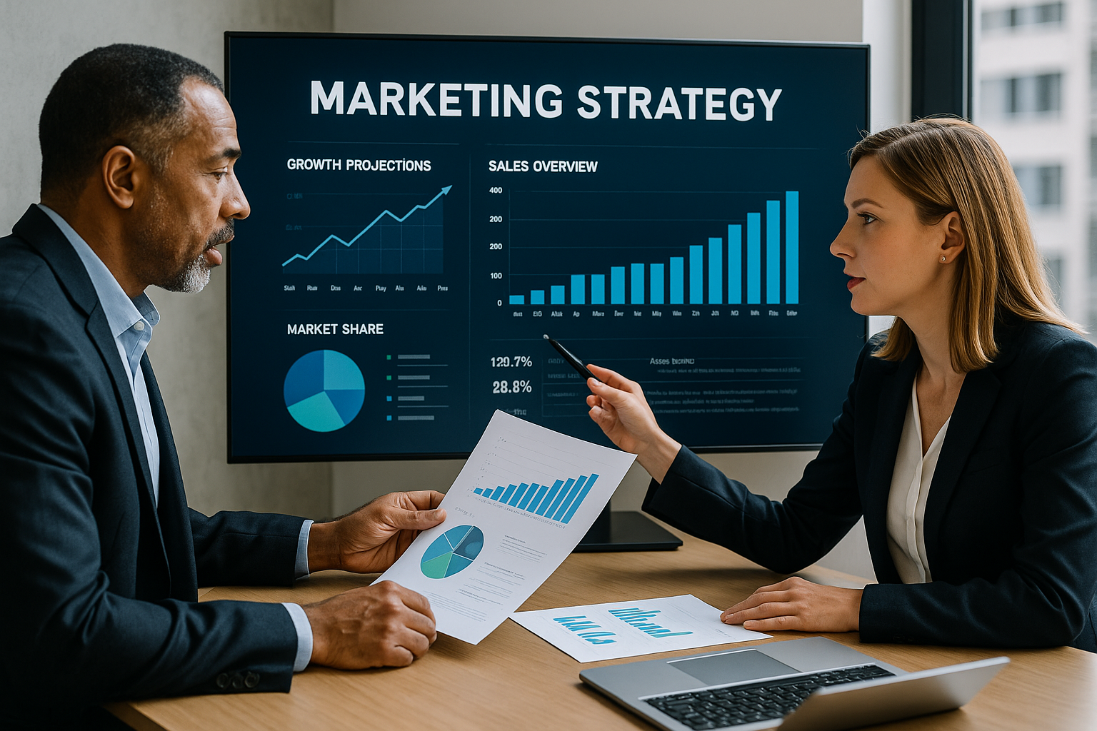 Business professionals reviewing strategic marketing plan