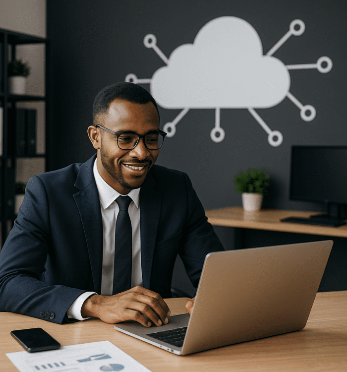 Professional in business suit working on cloud computing setup