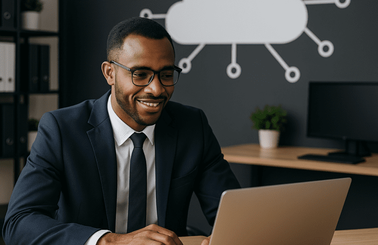 Professional in business suit working on cloud computing setup