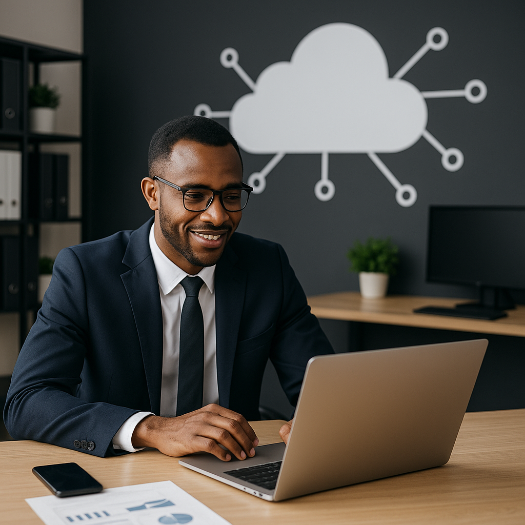 Professional in business suit working on cloud computing setup