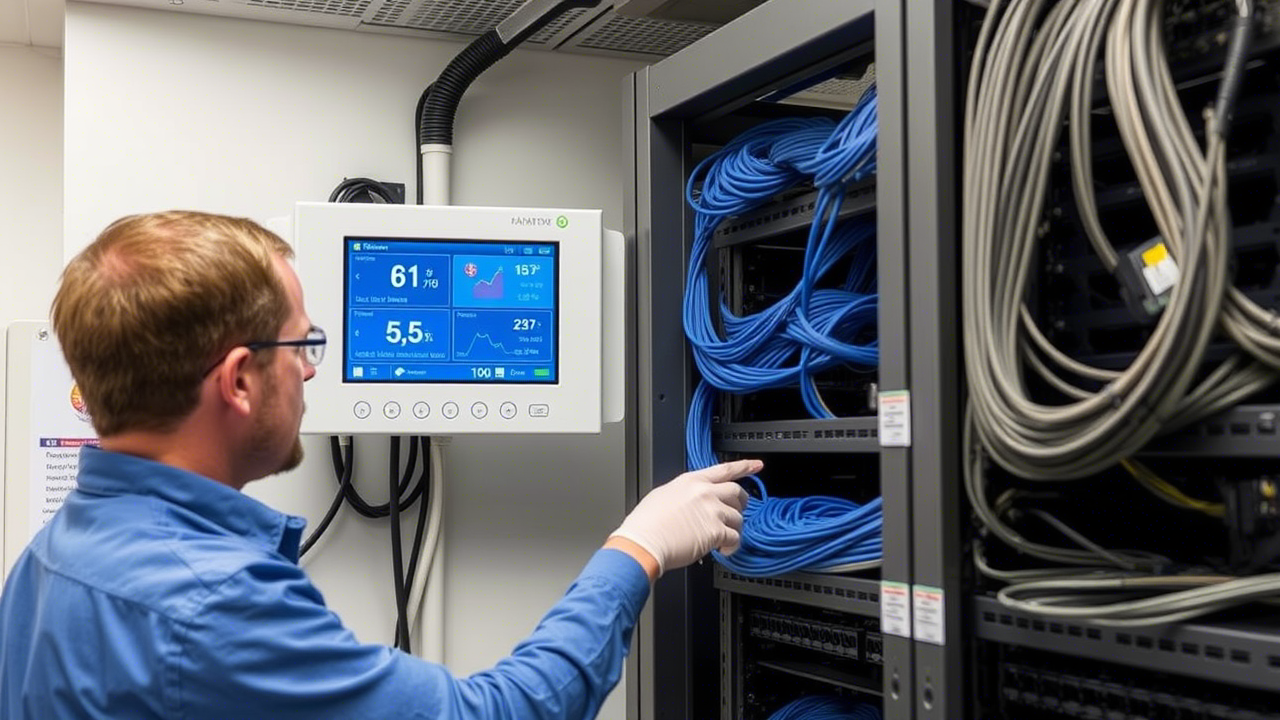 Environmental monitoring system maintaining optimal conditions for structured cabling infrastructure, extending lifespan and ensuring reliability.