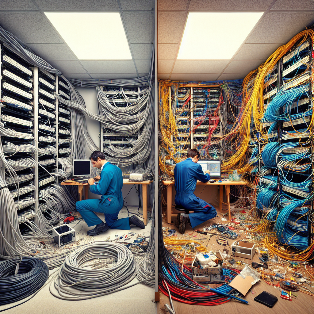 Side-by-side comparison showing the stark difference between professional structured cabling installation and disorganized DIY approaches.