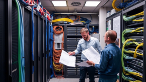 Future-proofed structured cabling installation with organized cable pathways and clear documentation ensuring network infrastructure scalability.