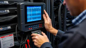 Professional testing equipment verifying structured cabling performance standards, providing certification documentation for quality assurance.