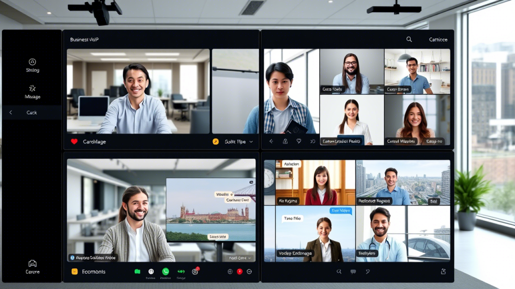 Remote team collaboration interface showing Business VoIP features including video conferencing, screen sharing, and real-time messaging for distributed teams.