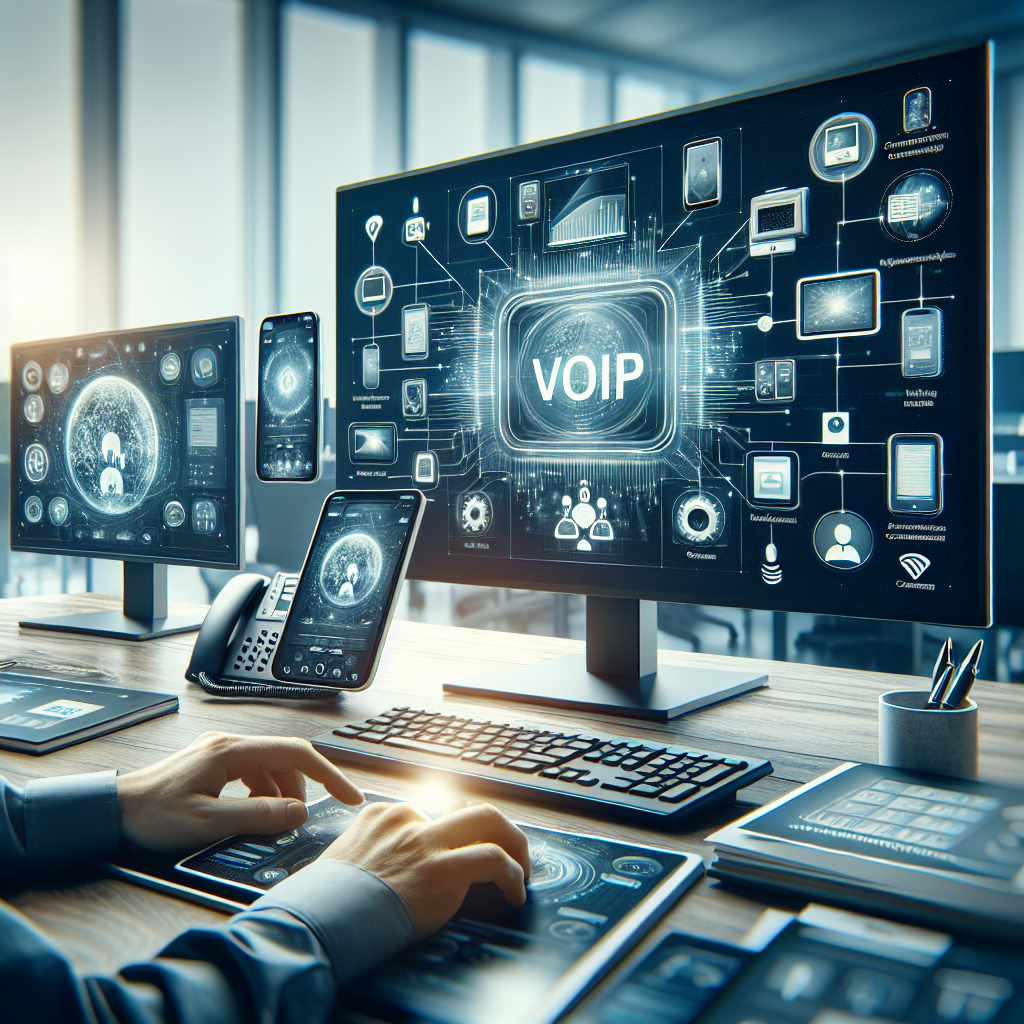 Unified communications dashboard showing multiple devices connected to a Business VoIP system.