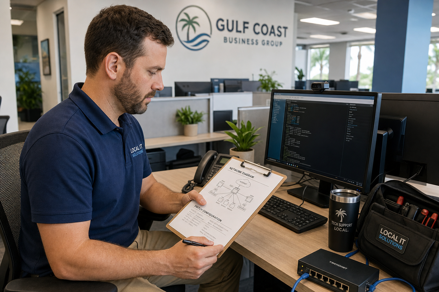 Local IT technician reviewing network documentation at a Central Florida business