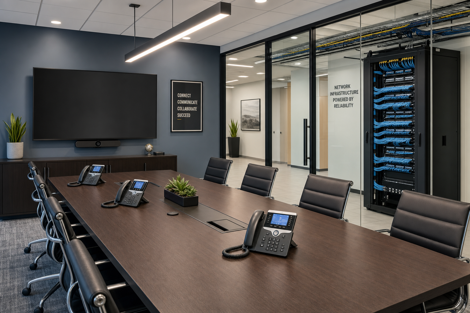 Conference room with VoIP desk phones and clean structured cabling installation