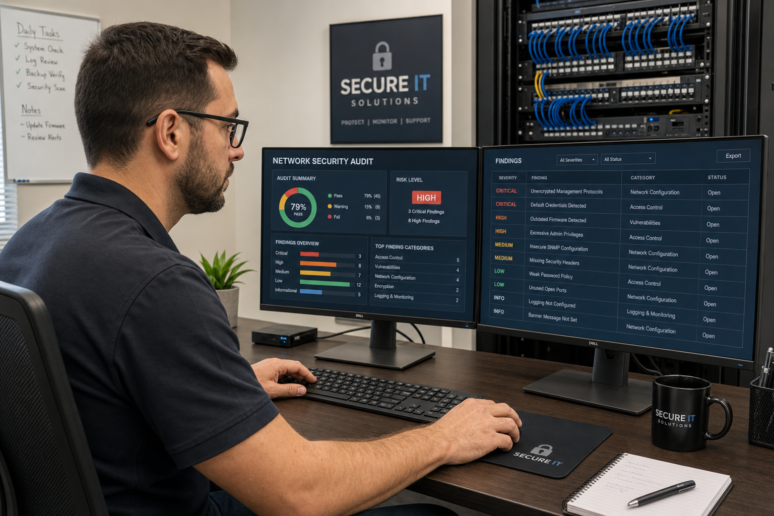IT technician reviewing small business cybersecurity audit on dual monitors