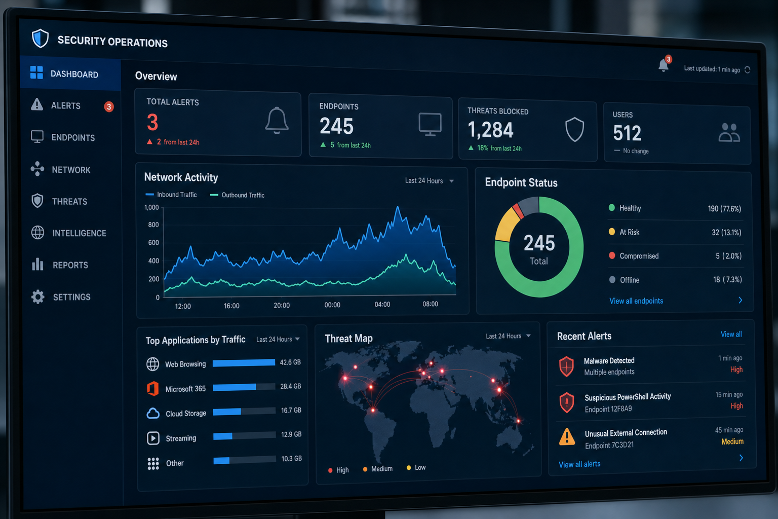 Cybersecurity monitoring dashboard showing endpoint protection and network activity for a small business