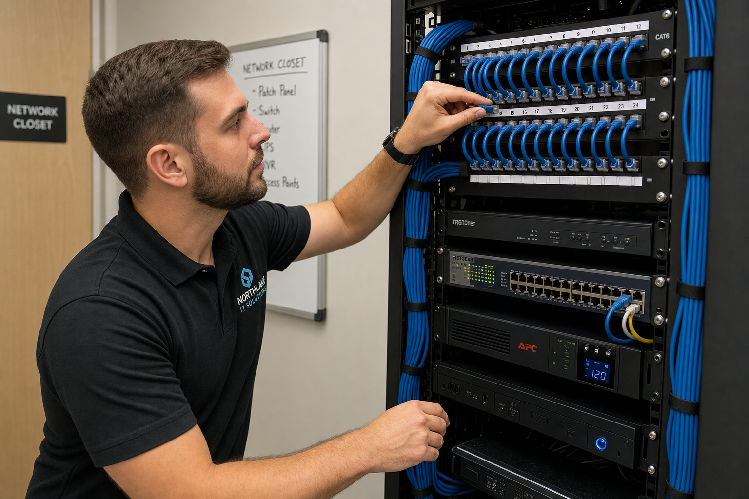 Local IT technician organizing structured cabling in a small business network closet in Central Florida