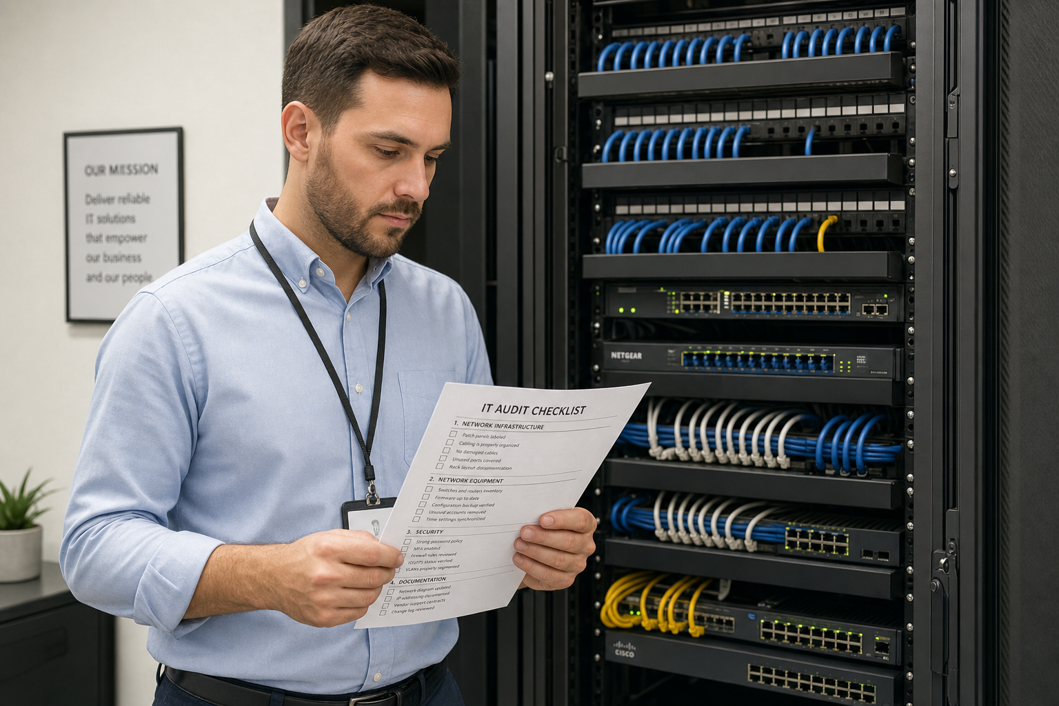 IT technician auditing network closet and backup systems for a Florida SMB disaster recovery plan