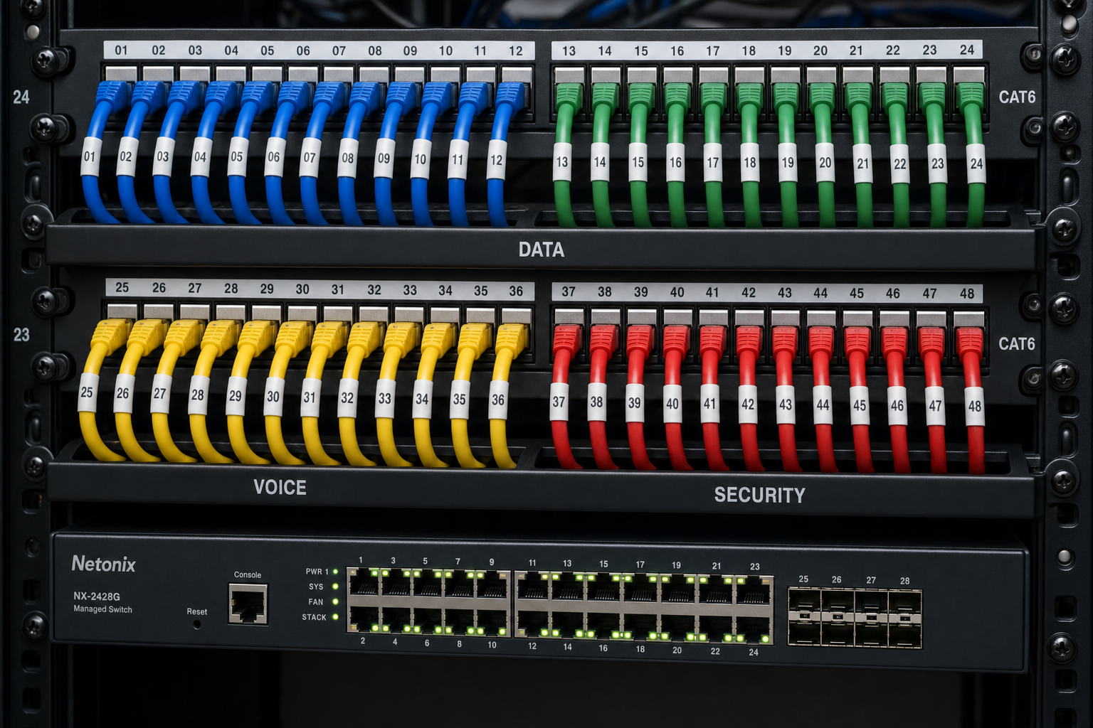 Organized patch panel and managed switch in a properly structured network closet for SMB IT infrastructure