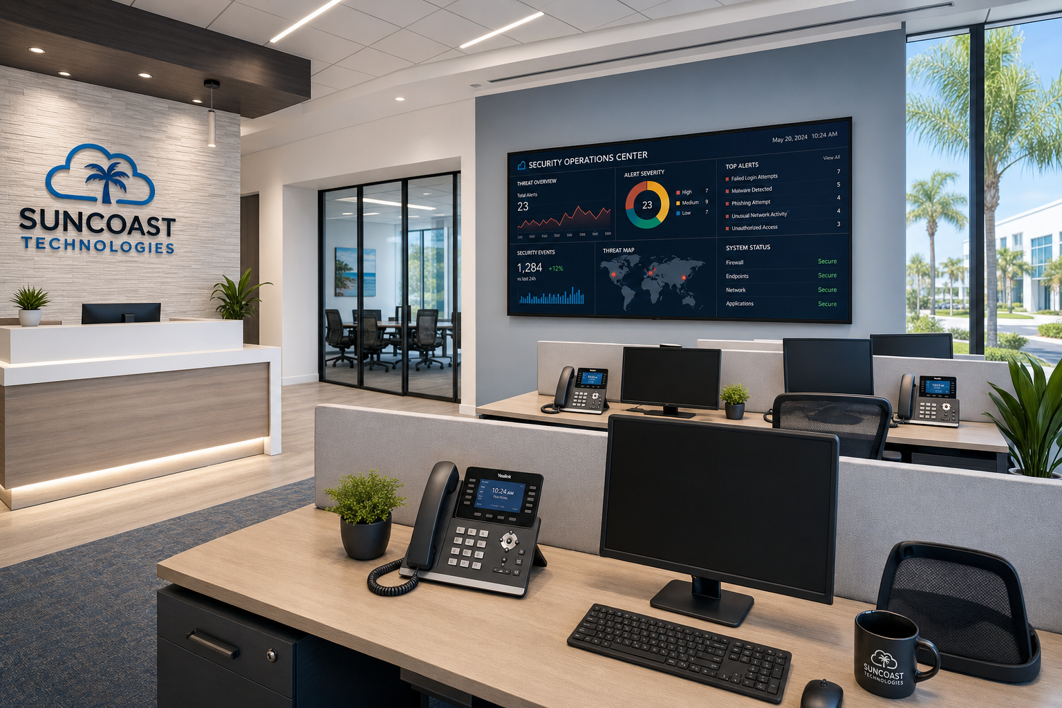 Modern Florida business office with VoIP phones and cybersecurity monitoring dashboard showing IT resilience setup