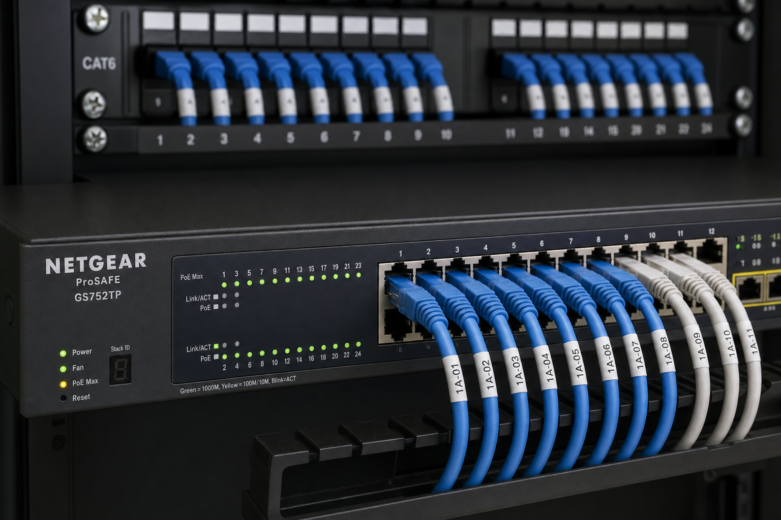 Managed network switch with organized structured cabling in a clean business network closet
