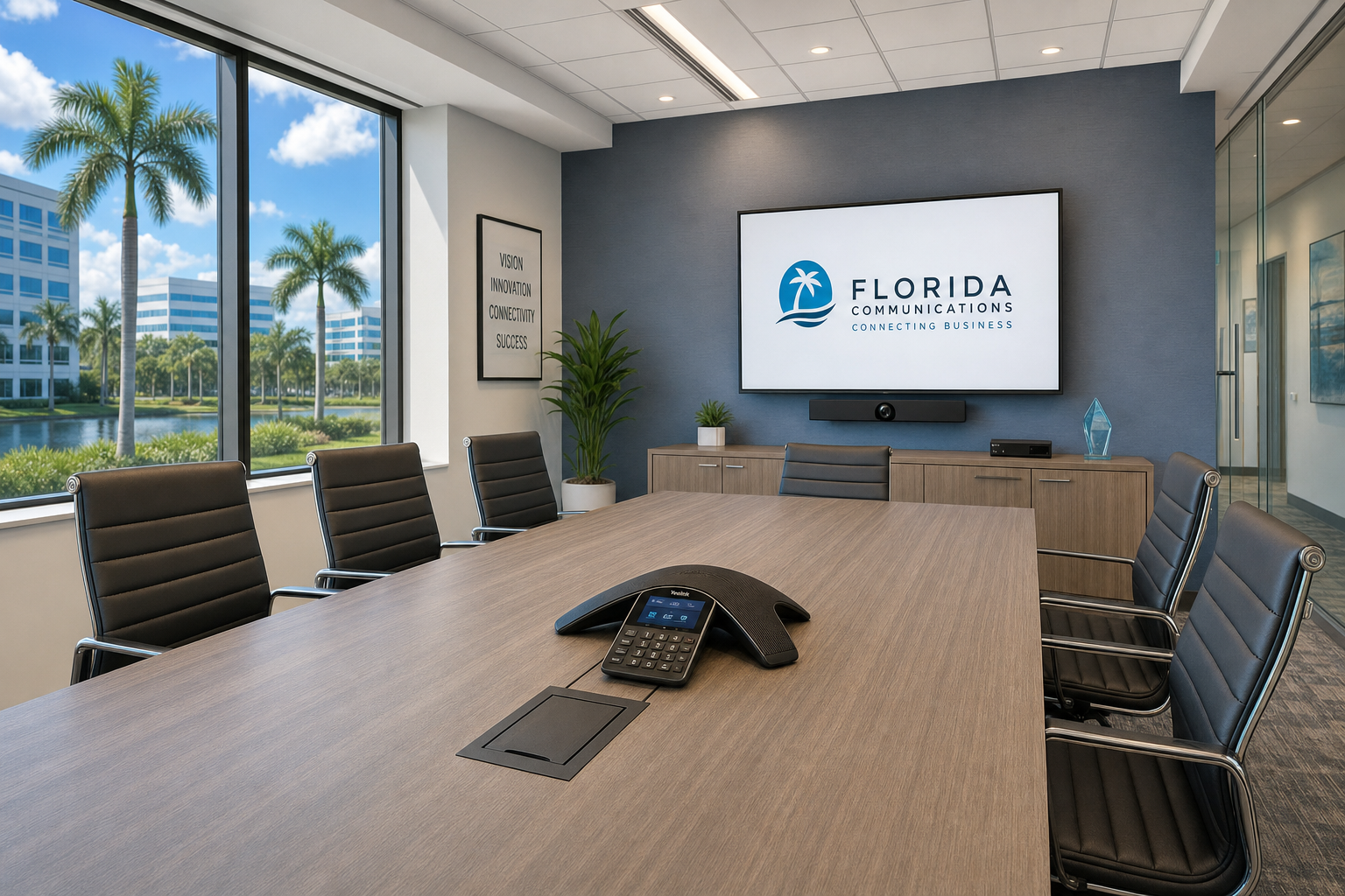 VoIP conference phone on a modern business conference room table in a Florida office