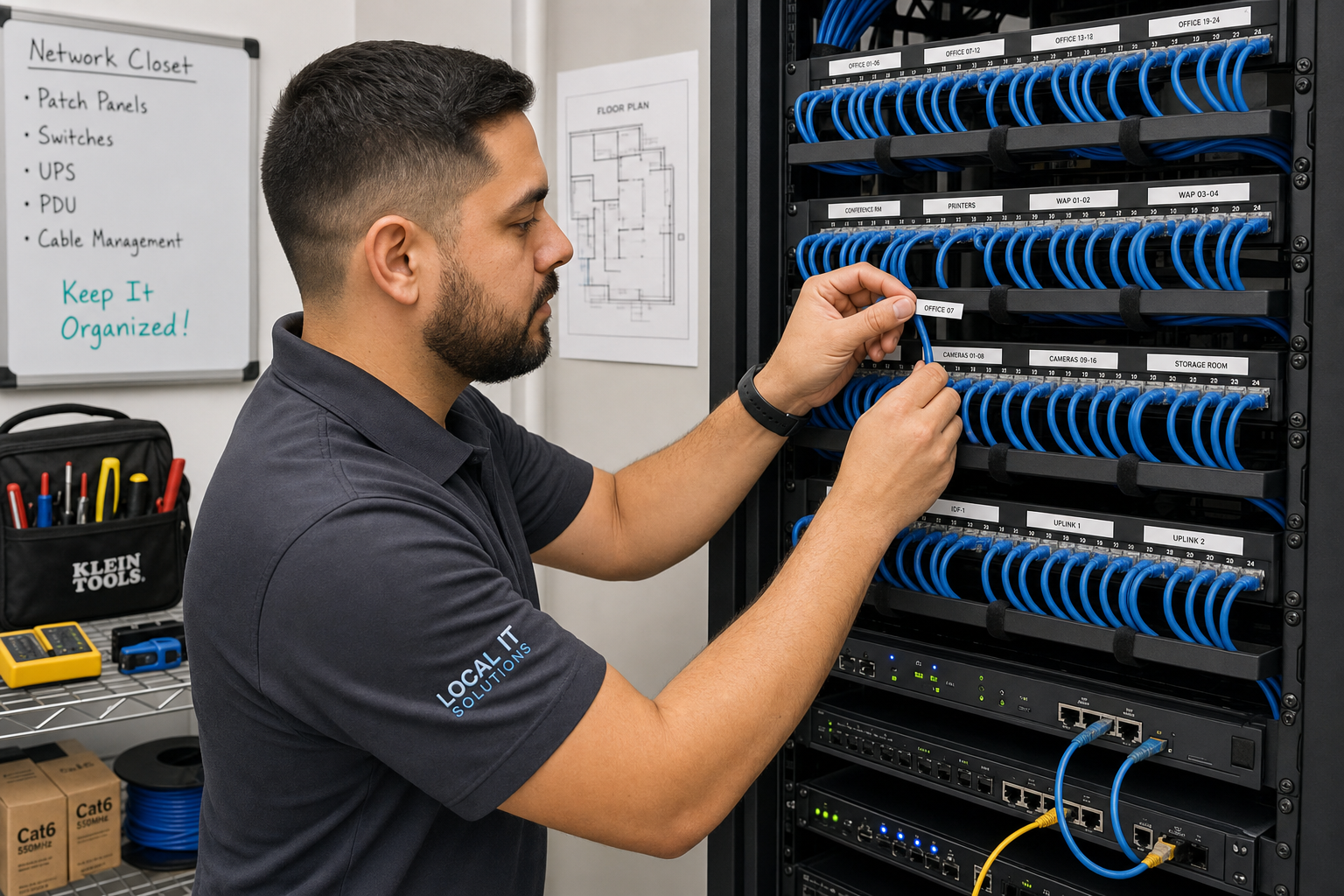 Local IT technician organizing and labeling structured cabling in a commercial network closet