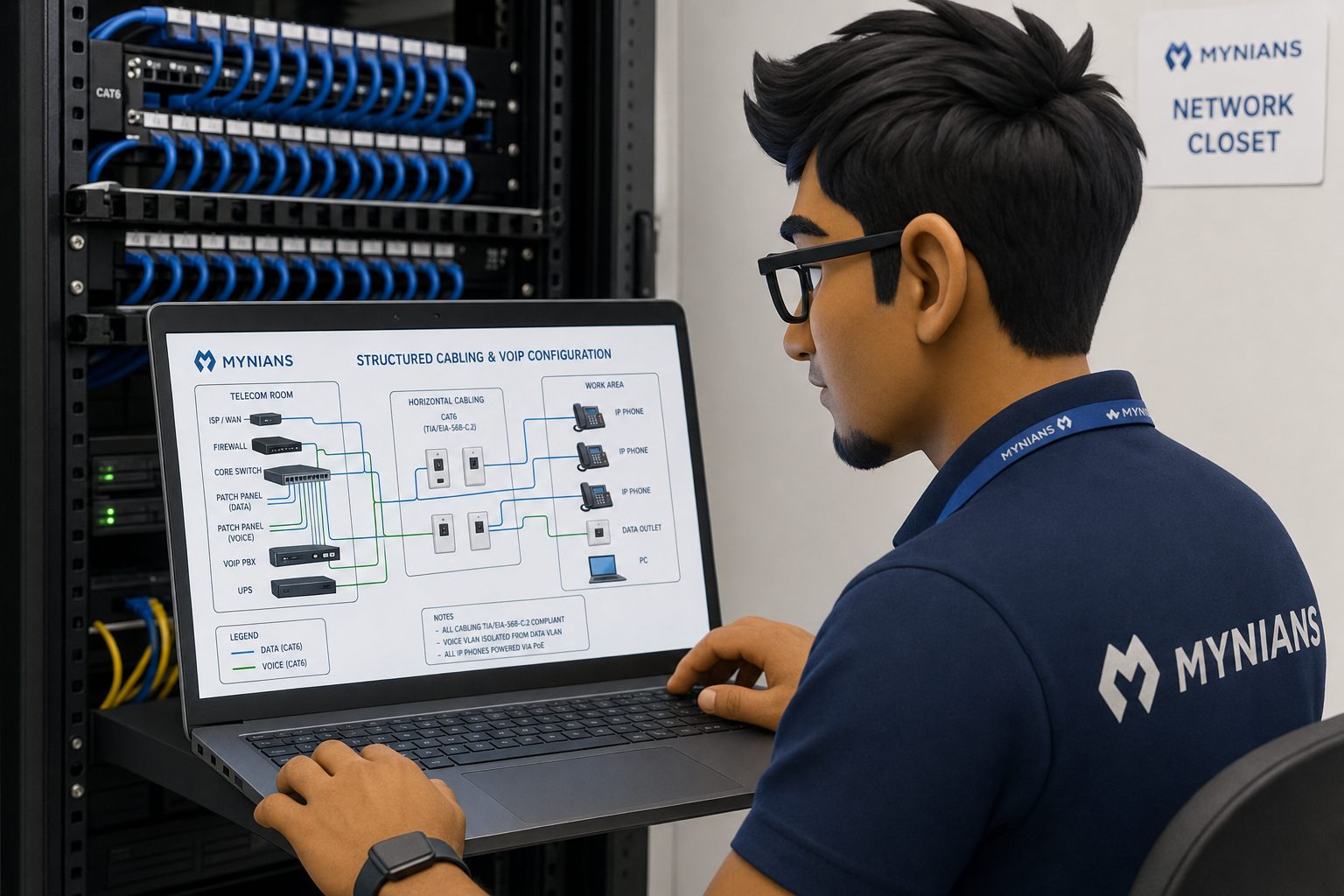 IT technician reviewing VoIP call flow configuration in a network closet