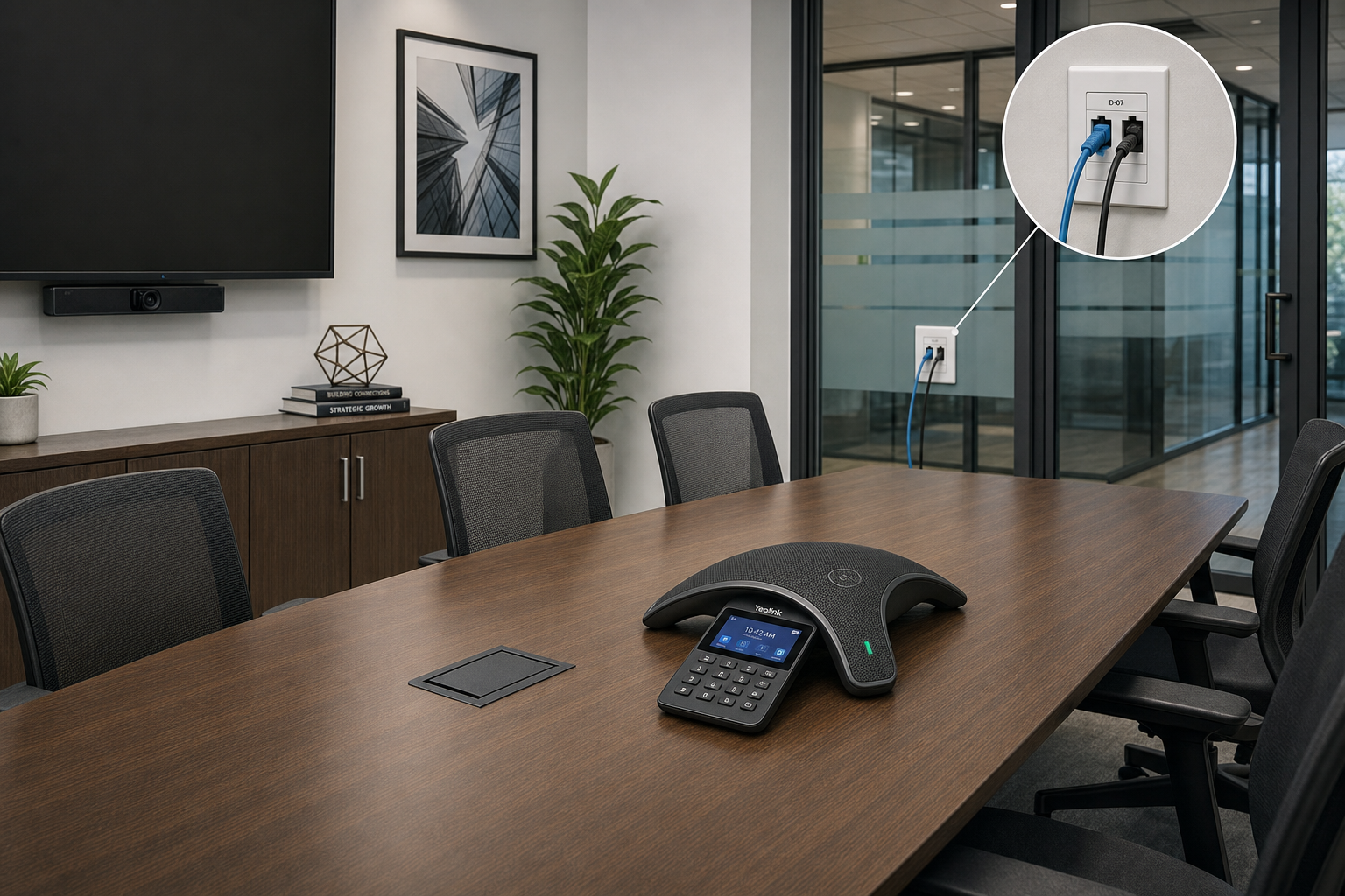 VoIP conference phone in a modern Florida business conference room
