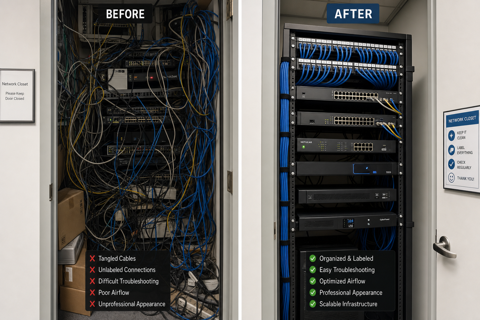 Comparison of a messy unmanaged network closet versus a clean organized structured cabling installation in a Florida business office