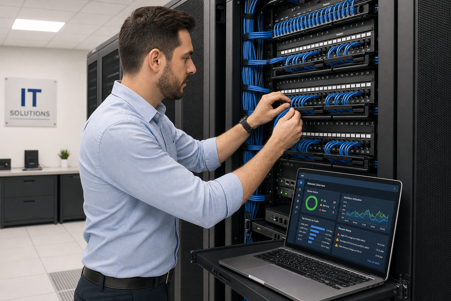 Local IT technician performing structured cabling work and network monitoring in a Central Florida business server room