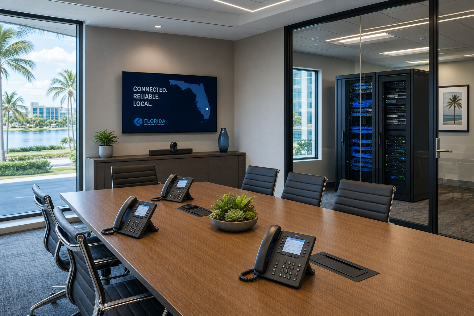 Modern business conference room with VoIP desk phones and visible clean network infrastructure in a Central Florida office